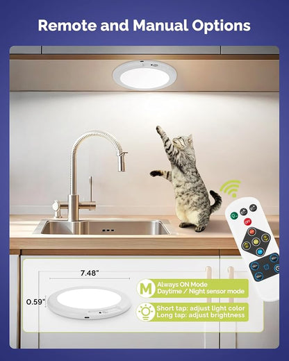 LED Shower Light Battery Operated Ceiling Light with Remote 4 Pack | 7.48" Rechargeable Shower Light Waterproof, Wireless Motion Sensor Ceiling Lights 3000K/4500K/6500K Dimmable Timer for Closet