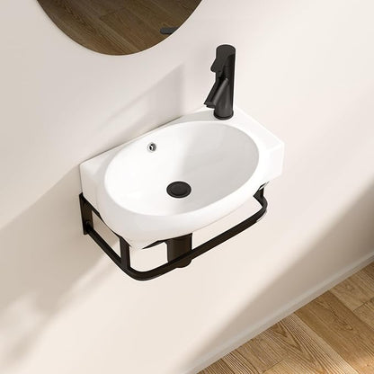 Logmey Wall Mount Bathroom Sink 16-1/2"x11" Floating Sink White Porcelain Ceramic Wall Hung Vessel Sink Wash Hand Basin with Bracket