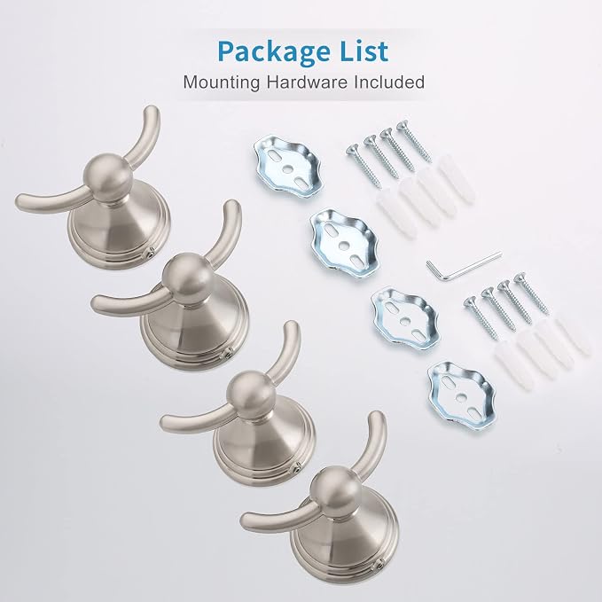 FILTA Bathroom Towel Hooks, Brushed Nickel Robe & Towel Hooks for Wall Mounted, Traditional Towel and Robe Hooks for Hanging Towels, Bath Towel Holder for Shower (4 Pack)