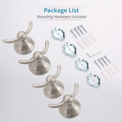 FILTA Bathroom Towel Hooks, Brushed Nickel Robe & Towel Hooks for Wall Mounted, Traditional Towel and Robe Hooks for Hanging Towels, Bath Towel Holder for Shower (4 Pack)