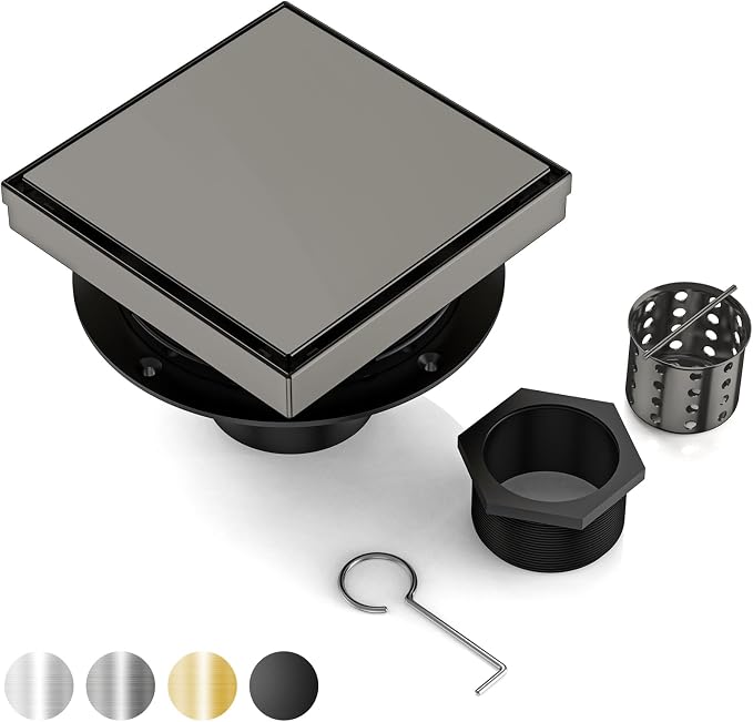 DLONE® Shower Drain | 6 Inch Gun Gray with Tile Insert Panel | Square Shower Drain, with Hair Catcher, Shower Floor Drain Fits Bathroom & Balcony etc
