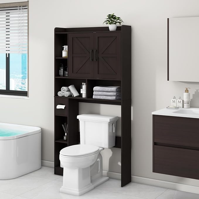 Vabches Over The Toilet Storage Cabinet with 2 Barn Doors, Caramel | Farmhouse Storage Cabinet with Toilet Paper Holder Stand，Home Space-Saving Toilet Rack, for Bathroom, Restroom, Laundry