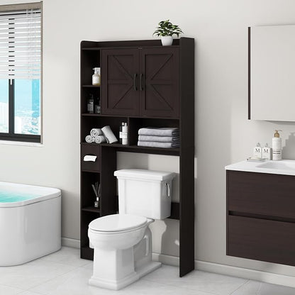 Vabches Over The Toilet Storage Cabinet with 2 Barn Doors, Caramel | Farmhouse Storage Cabinet with Toilet Paper Holder Stand，Home Space-Saving Toilet Rack, for Bathroom, Restroom, Laundry