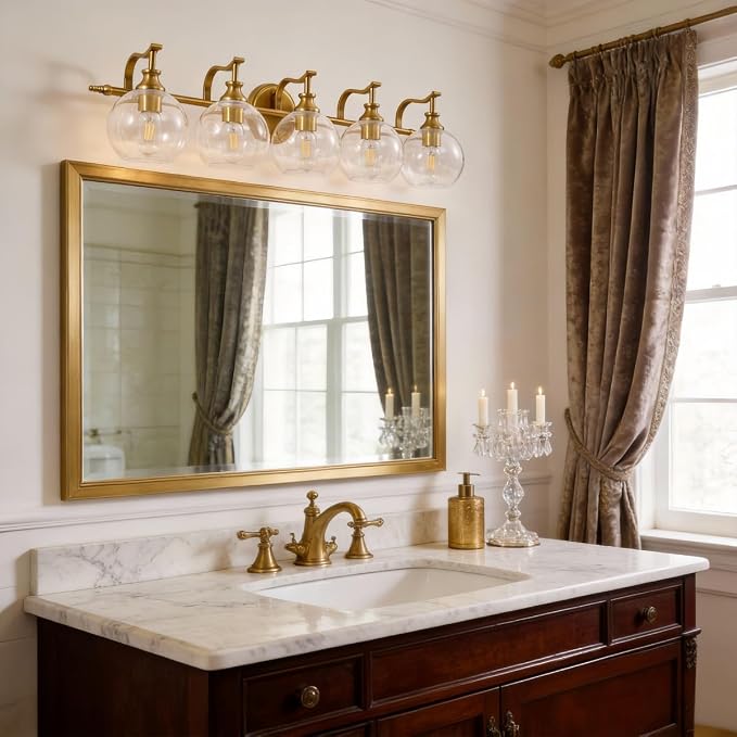 Brushed Gold Bathroom Light Fixtures, 5-Light Vanity Lights for Mirror, 35 Inch Modern Wall Sconces Lighting with Globe Clear Shade Up or Down Wall Mounted for Bedroom, Living Room, Hallway