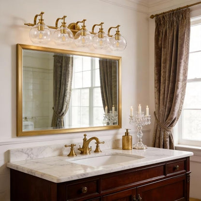 Brushed Gold Bathroom Light Fixtures, 5-Light Vanity Lights for Mirror, 35 Inch Modern Wall Sconces Lighting with Globe Clear Shade Up or Down Wall Mounted for Bedroom, Living Room, Hallway