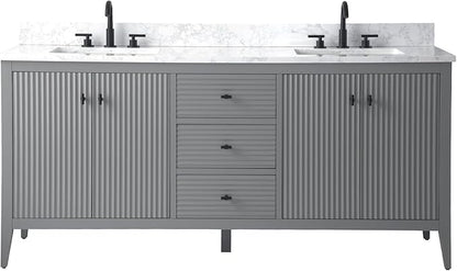 Vanity Art 72 inch Bathroom Vanity with Double Sink & Ceramic Top, Vanity Cabinet with Soft-Closing Door, Solid Wood Frame, Linear Pattern, Cashmere Gray, VA9172-DG-MB,Matte Black Handles