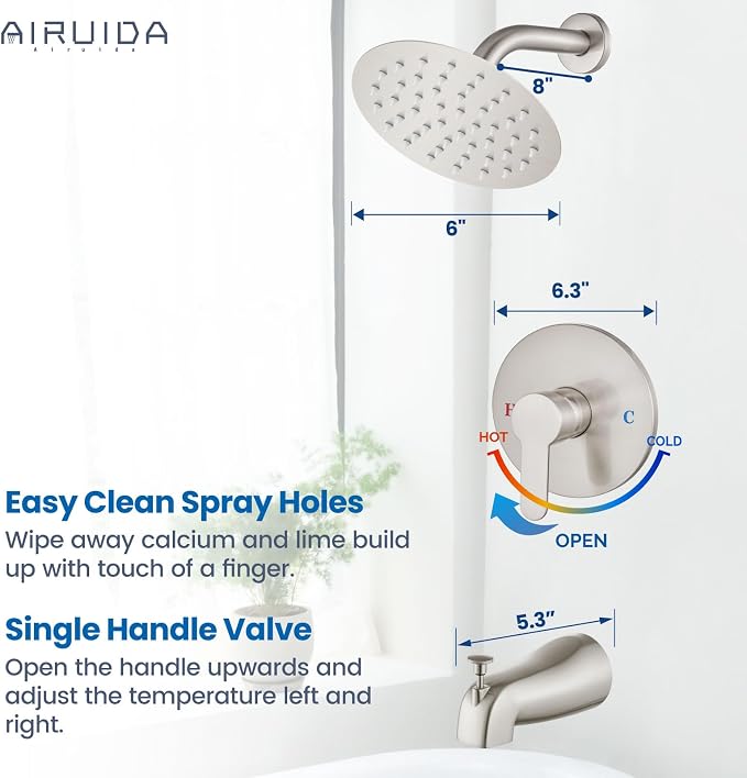 Airuida Shower Faucet Set with Tub Spout,6" Bathtub Faucet-Brushed Nickel | Male Threads Rough-In Valve,Round Head Shower System,Tub and Shower Kit Set