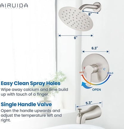 Airuida Shower Faucet Set with Tub Spout,6" Bathtub Faucet-Brushed Nickel | Male Threads Rough-In Valve,Round Head Shower System,Tub and Shower Kit Set