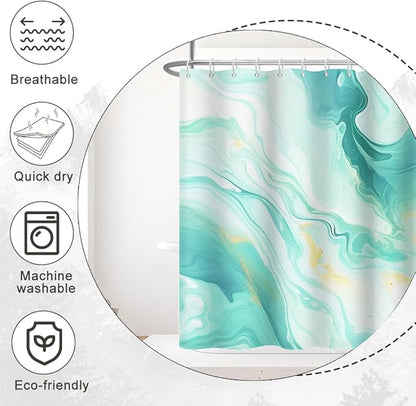 Turquoise Shower Curtain, Modern Teal and Gold Marble Shower Curtain for Bathroom Aesthetic Waterproof Shower Curtain Set with Hooks, 72x72 Inch