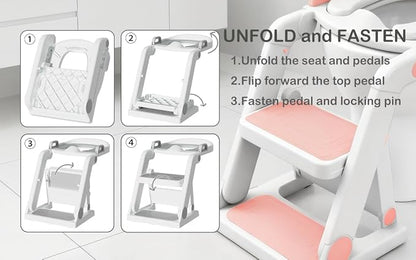 Potty Training Seat with Step Stool Ladder for Kids Girls, Pink | Pre-assembled, 2-in-1, Toddler Toilet Seat, Anti-Slip Foldable Steps, Splash Guard, Adjustable, Potty Ladder for Toddler 1-3