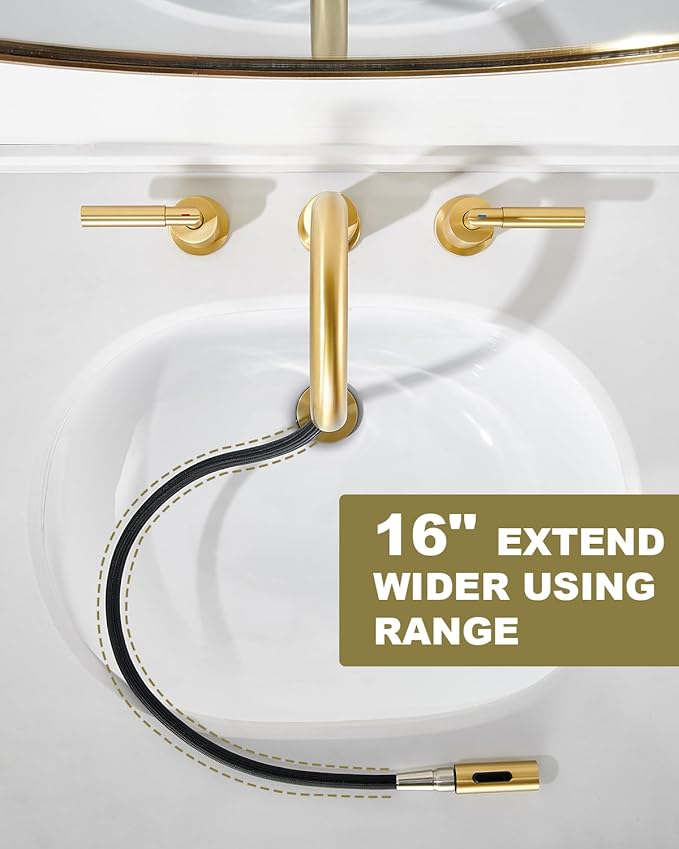 Tohlar Gold Bathroom Faucet with Sprayer, Widespread Bathroom Faucets Gold 8 Inch Basin Sink Tap 3 Holes, 2 Handle Vanity Faucet with Pull Out Sprayer Pop Up Drain Assembly Included