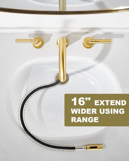 Tohlar Gold Bathroom Faucet with Sprayer, Widespread Bathroom Faucets Gold 8 Inch Basin Sink Tap 3 Holes, 2 Handle Vanity Faucet with Pull Out Sprayer Pop Up Drain Assembly Included