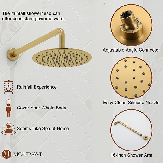 MONDAWE 9 Inch Wall Mounted Shower Faucet Set with Tub Spout in Brushed Gold, Rainfall Shower Head with 3-Setting Handheld Spray Shower Combo, High Pressure Shower System with Solid Brass Valve