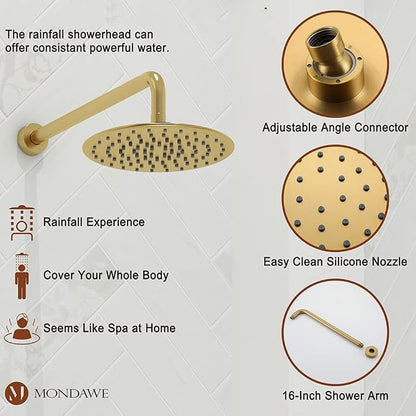 MONDAWE 9 Inch Wall Mounted Shower Faucet Set with Tub Spout in Brushed Gold, Rainfall Shower Head with 3-Setting Handheld Spray Shower Combo, High Pressure Shower System with Solid Brass Valve
