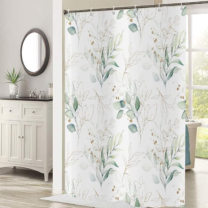 Eucalyptus Leaf Shower Curtains, Weighted Bottom Sage Green Watercolor Botanical Plants with Gold Branches Spring Fabric Bathroom Curtain Home Decor Waterproof Washable with 12 Hooks,48"x72"