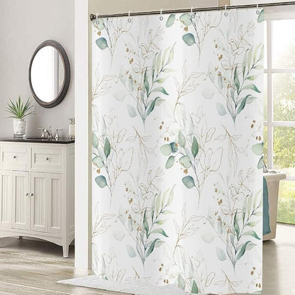 Eucalyptus Leaf Shower Curtains, Weighted Bottom Sage Green Watercolor Botanical Plants with Gold Branches Spring Fabric Bathroom Curtain Home Decor Waterproof Washable with 12 Hooks,48"x72"