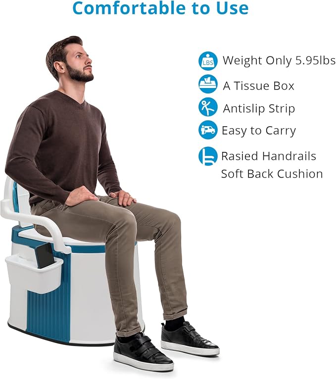 VINGLI Portable Toilet | Back & Handrail Design Commode with 5 Gallon Bucket Inner, Camping RV Toilet for Adult, Kids, Home, Boat, Van, Travel, Plastic, Blue & white