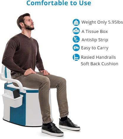 VINGLI Portable Toilet | Back & Handrail Design Commode with 5 Gallon Bucket Inner, Camping RV Toilet for Adult, Kids, Home, Boat, Van, Travel, Plastic, Blue & white