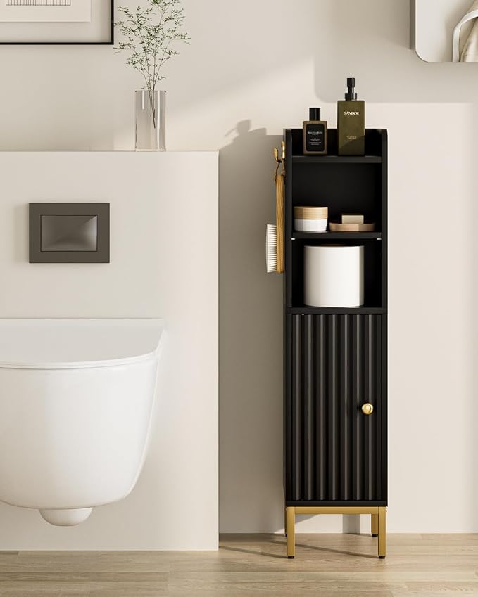 Narrow Bathroom Storage Cabinet, 33.2" H Thin Free Standing Floor Organizer with Door & Shelves, Black Slim Toilet Paper Holder Stand, Cabinet Organizer for Tight Small Spaces
