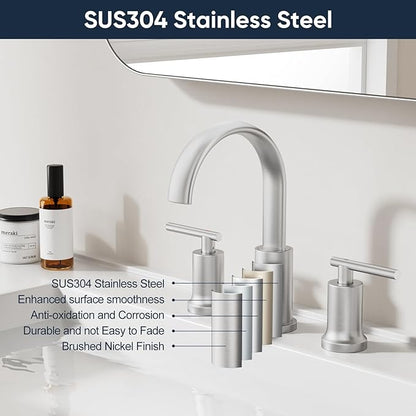 Brushed Nickel Waterfall Bathroom Faucet 3 Hole, Widespread Two Handle Bathroom Sink Faucet Vanity Faucet, 8 Inch Bathroom Faucets for Sink with cUPC Supply Lines and Pop-Up Drain
