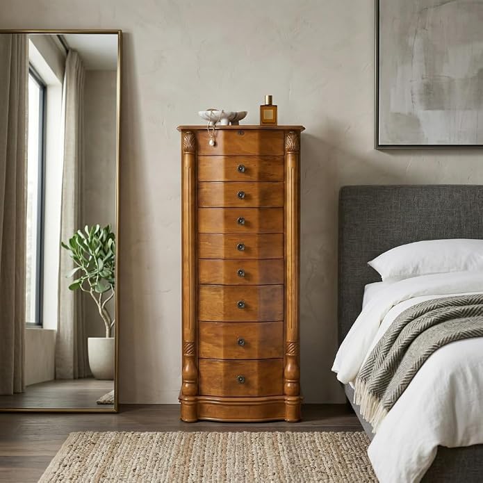 Hives and Honey Florence Jewelry Armoire – Jewelry Storage Organizer with 8 Felt-Lined Drawers, Vanity Mirror, Ring Rolls, Tangle-Free Necklace Hooks, Locking Lid