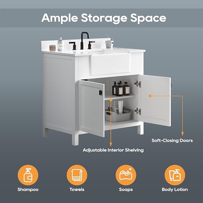 36 Inch Bathroom Vanity With Sink, Solid Wood Frame Single Bathroom Vanity, Modern Storage Cabinet With Soft Closing Doors, Apron Farm Sink, Adjustable Feet, White