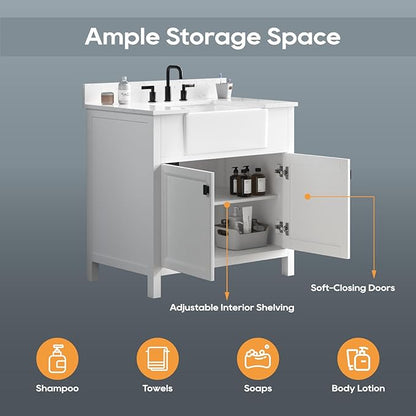 36 Inch Bathroom Vanity With Sink, Solid Wood Frame Single Bathroom Vanity, Modern Storage Cabinet With Soft Closing Doors, Apron Farm Sink, Adjustable Feet, White