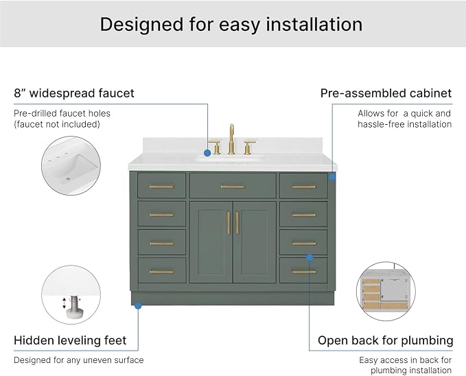 Isabella 48-inch Vintage Green Bathroom Vanity with Center Rectangle Single Sink, Carrara White Quartz Countertop & Backsplash, Solid Wood Frame, Soft-Closing & Dovetail Drawers
