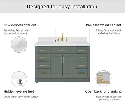 Isabella 48-inch Vintage Green Bathroom Vanity with Center Rectangle Single Sink, Carrara White Quartz Countertop & Backsplash, Solid Wood Frame, Soft-Closing & Dovetail Drawers