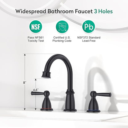CREA Black Bathroom Faucet 3 Hole,2 Handles 8 Inch Widespread Bathroom Faucets with Drain for Sink Overflow,3 Pieces Matte Black Faucet for Bathroom Vanity RV Basin Tap(cPUC Supply Line)