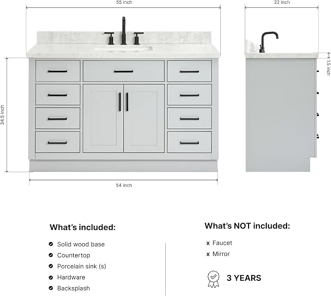 DKB Isabella 54" Grey Single Bathroom Vanity with Sink, 1.5" Italian Carrara Marble Countertop, Rectangular Undermount Sink, 2 Soft Closing Doors, 9 Dovetail Drawers