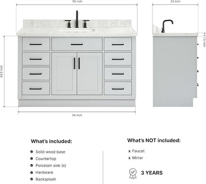 DKB Isabella 54" Grey Single Bathroom Vanity with Sink, 1.5" Italian Carrara Marble Countertop, Rectangular Undermount Sink, 2 Soft Closing Doors, 9 Dovetail Drawers