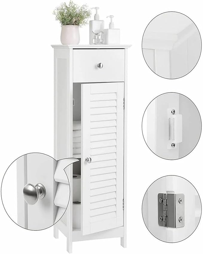 VASAGLE Bathroom Floor Cabinet Storage Organizer Set with Drawer and Single Shutter Door Wooden White UBBC43WT