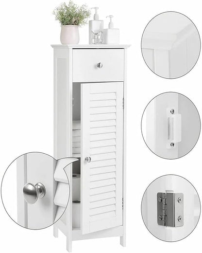 VASAGLE Bathroom Floor Cabinet Storage Organizer Set with Drawer and Single Shutter Door Wooden White UBBC43WT