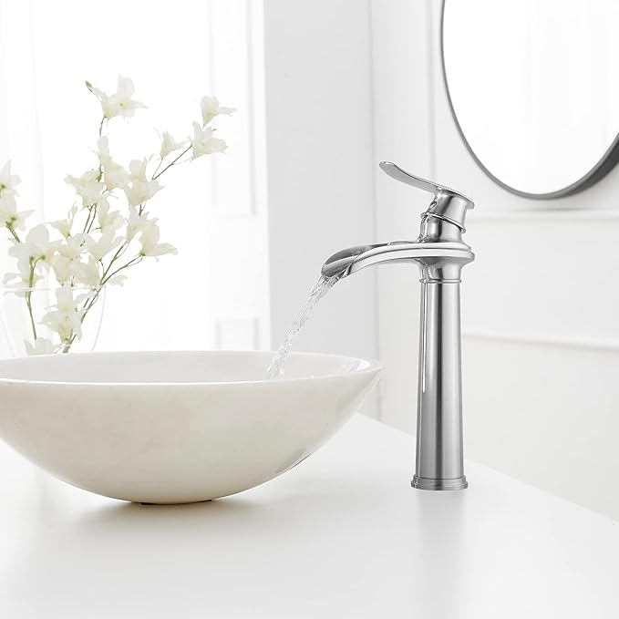BWE Vessel Sink Faucet Brushed Nickel Tall Waterfall Bathroom Faucet Deck Mount Single Handle One Hole Lavatory Vanity Faucet with Pop Up Drain Assembly and Supply Hose