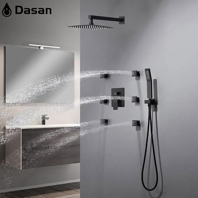 DASAN Full Body Shower System with 6 PCS Body Spray Jets & 12'' Rain Overhead Shower & Handheld, In-Wall Rain Shower System Matte Black Shower Faucets Sets Complete with Valve, SA-SS03AMB-S12W