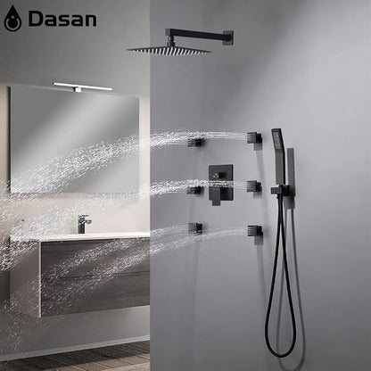 DASAN Full Body Shower System with 6 PCS Body Spray Jets & 12'' Rain Overhead Shower & Handheld, In-Wall Rain Shower System Matte Black Shower Faucets Sets Complete with Valve, SA-SS03AMB-S12W