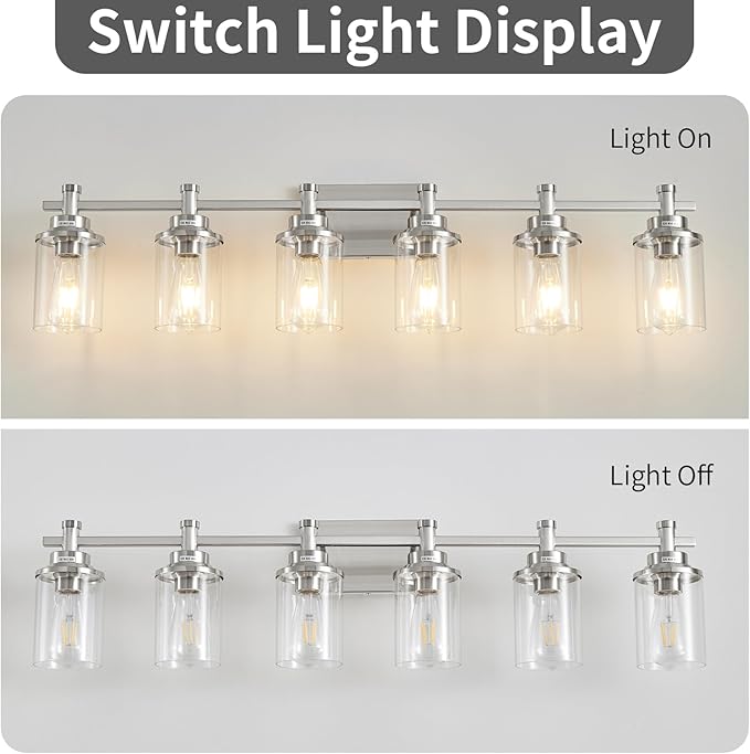 6-Light Bathroom Vanity Light, Brushed Nickel Bathroom Lights Fixtures Over Mirror, Vanity Lights Wall Mount with Clear Glass Shade, Modern Wall Sconce for Bathroom