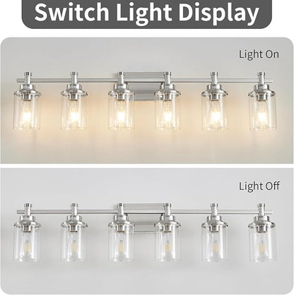 6-Light Bathroom Vanity Light, Brushed Nickel Bathroom Lights Fixtures Over Mirror, Vanity Lights Wall Mount with Clear Glass Shade, Modern Wall Sconce for Bathroom