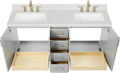 DKB Emilia 72 Inch Bathroom Vanity Double Sink — Grey Bathroom Vanity with Sink, 1.5" Edge Carrara White Quartz Countertop & Backsplash, 4 Soft-Close Doors, and 6 Dovetail Drawers
