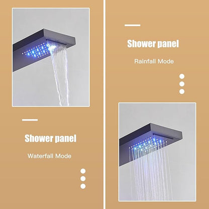 6 in 1 Shower Panel Tower System, Rainfall Shower Panels Set w/LED and Digital Display Stainless Steel Shower Tower with Waterfall Tub Spout 2-Type Massage Jets Handheld Head Matte Black