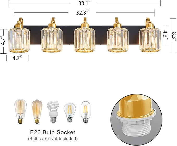 Black Gold Crystal Crooked Vanity Lights Over Mirror 5 Lights Bathroom Wall Lighting Fixtures with Round Shade (Exclude Bulb)