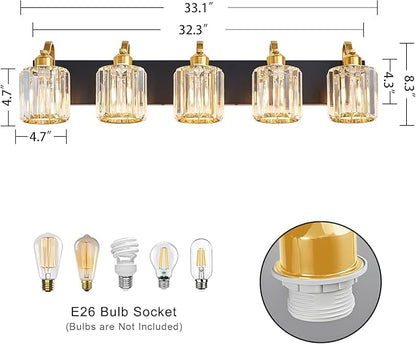 Black Gold Crystal Crooked Vanity Lights Over Mirror 5 Lights Bathroom Wall Lighting Fixtures with Round Shade (Exclude Bulb)