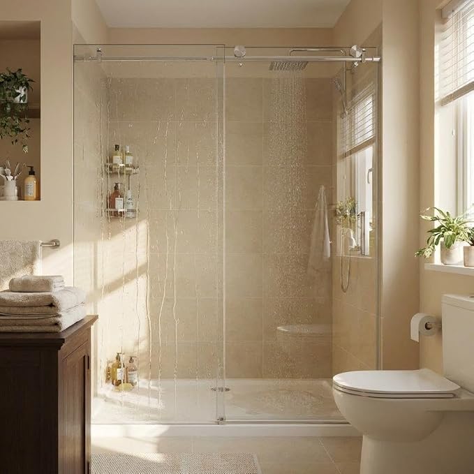 Frameless Sliding Shower Door, Adjustable 44"-48" Width x 76" Height, 6mm (1/4") SGCC Tempered Clear Glass with Easy-to-Clean Coating, Brushed Nickel Stainless Steel Top Rail, One Fixed One Sliding