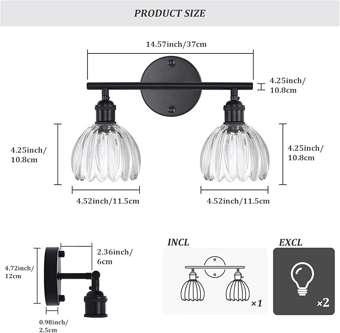 Bathroom Light Fixtures, 2-Light Black Vanity wall Light Over Mirror with Clear Tulip Glass Shade for Bedroom Living Room (Bulb Not Included)