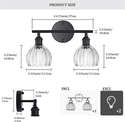 Bathroom Light Fixtures, 2-Light Black Vanity wall Light Over Mirror with Clear Tulip Glass Shade for Bedroom Living Room (Bulb Not Included)