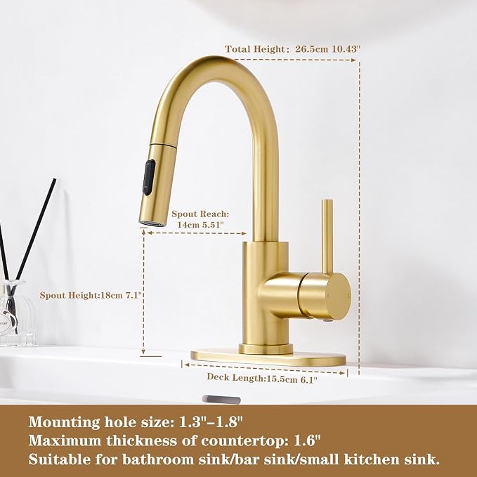 Gold Bathroom Sink Faucet with Pull Down Sprayer | 2 Mode Sprayer, with Deck Plate for 1 or 3 Hole, 360° Swivel, with Pop Up Drain for Vanity Bar RV Basin Laundry Kitchen