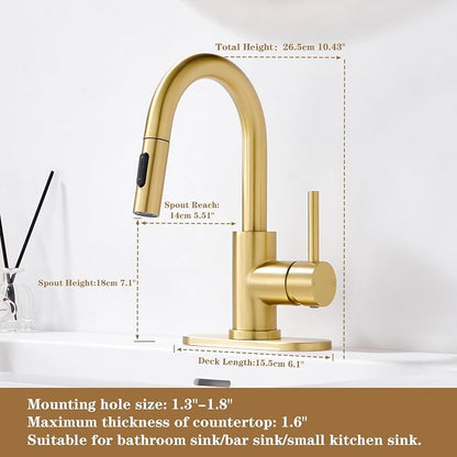 Gold Bathroom Sink Faucet with Pull Down Sprayer | 2 Mode Sprayer, with Deck Plate for 1 or 3 Hole, 360° Swivel, with Pop Up Drain for Vanity Bar RV Basin Laundry Kitchen