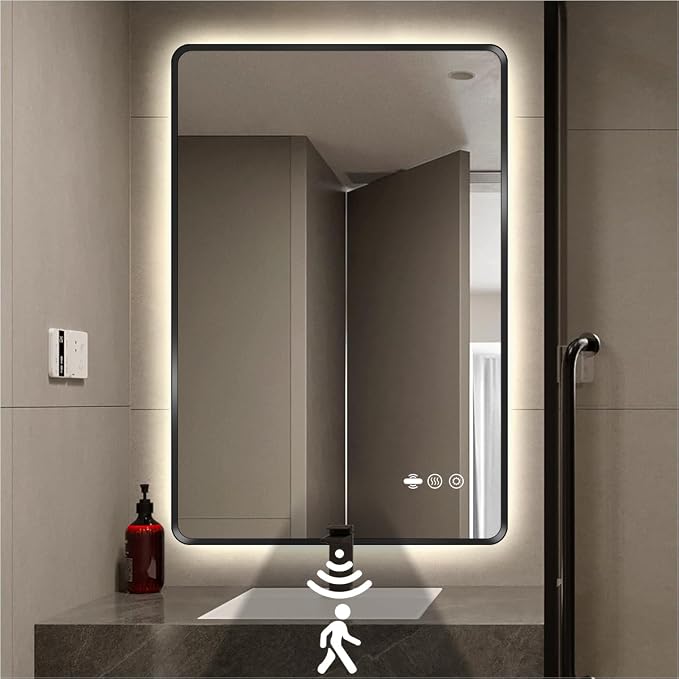 24" x 32" Black LED Mirror for Bathroom with Lights - Motion Sensor | Smart Backlit Mirror Bathroom, Anti-Fog, Stepless Dimmable & 3-Color, Metal Framed Rounded-Corner, UL-Listed, CRI≥93