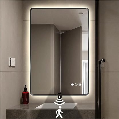 24" x 32" Black LED Mirror for Bathroom with Lights - Motion Sensor | Smart Backlit Mirror Bathroom, Anti-Fog, Stepless Dimmable & 3-Color, Metal Framed Rounded-Corner, UL-Listed, CRI≥93